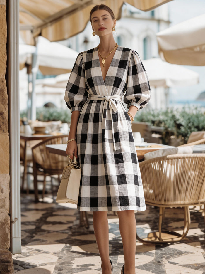 Gingham Wrap V-Neck Puff Sleeve Midi Dress