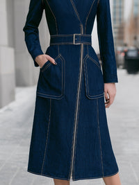 Navy Denim Belted Midi Shirt Dress