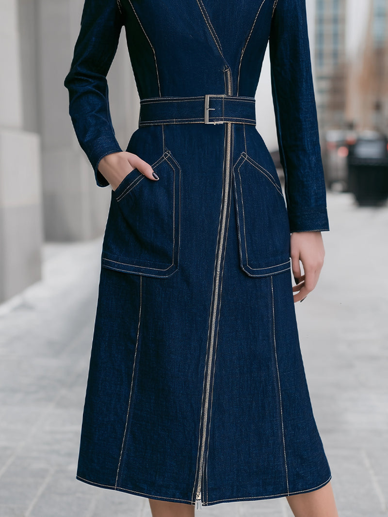 Navy Denim Belted Midi Shirt Dress