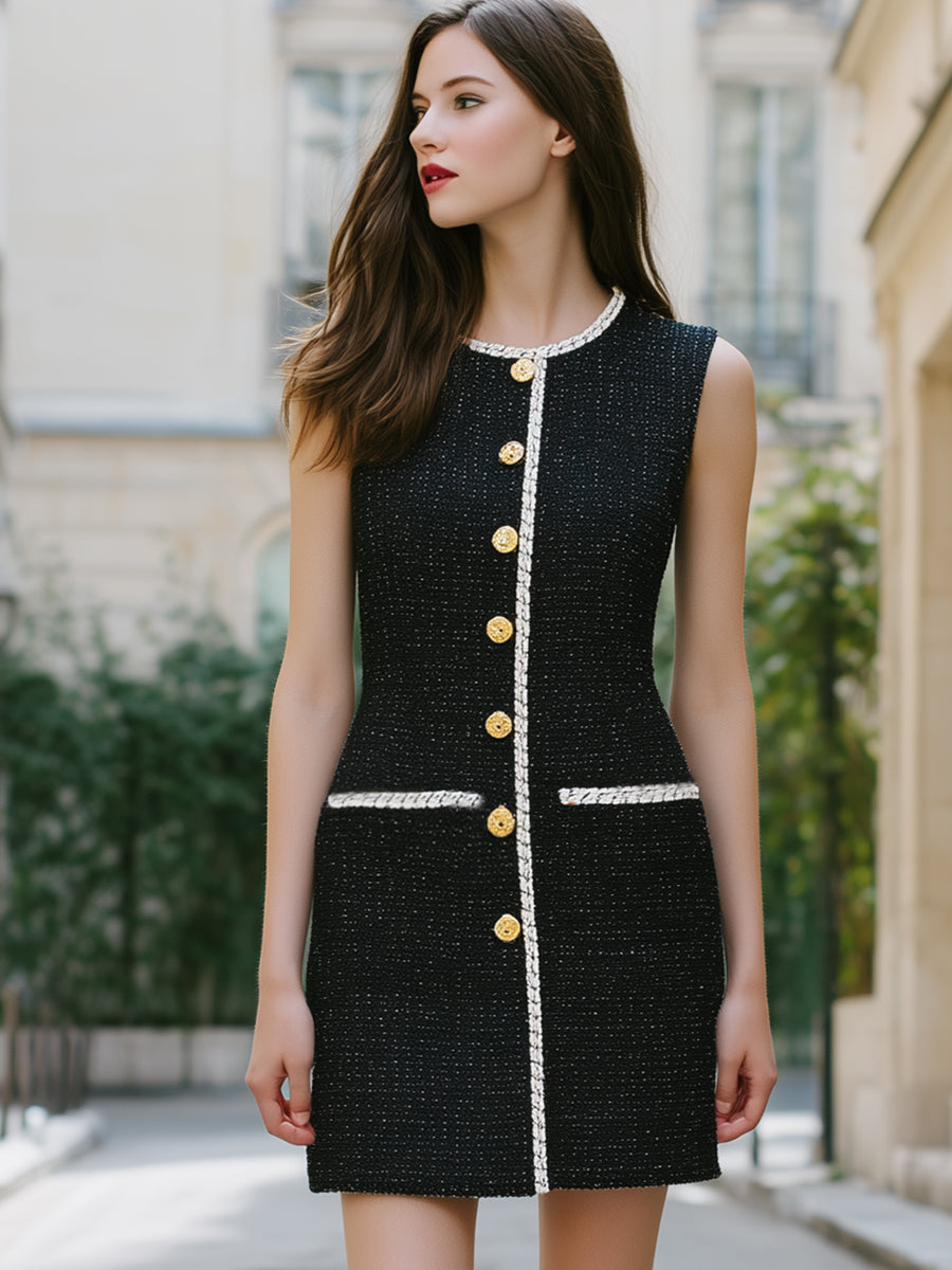 Sleeveless Black Tweed Mini Dress With Contrast Trim And Gold Buttons
