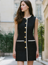 Sleeveless Black Tweed Mini Dress With Contrast Trim And Gold Buttons
