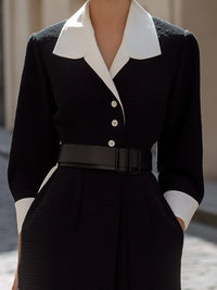 Black Textured Belted Dress With Contrast Collar