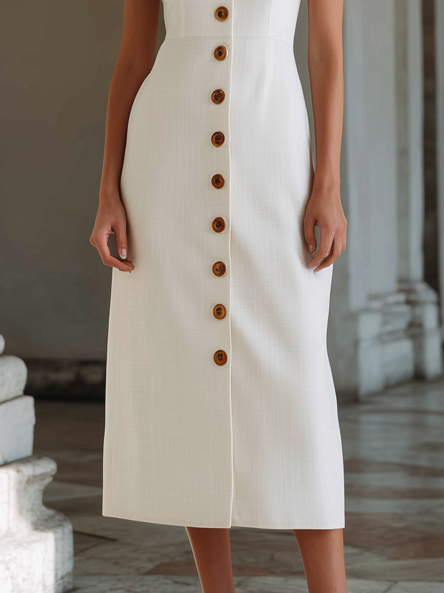 Square Neck Button-Front Fitted Midi Dress