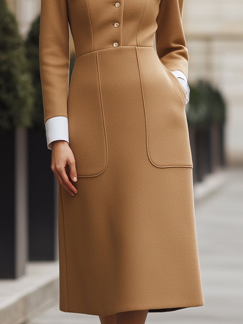 Long-Sleeve Contrast Collar Midi Dress
