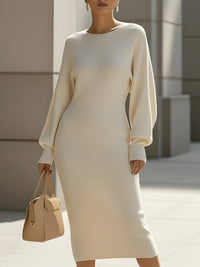 Elegant Ivory Long-Sleeve Knit Midi Dress