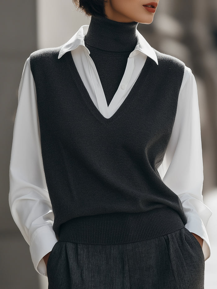 Elegant Layered Knit Vest Blouse Set