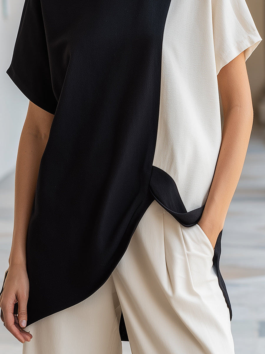 Asymmetric Color-Block Short Sleeve Top