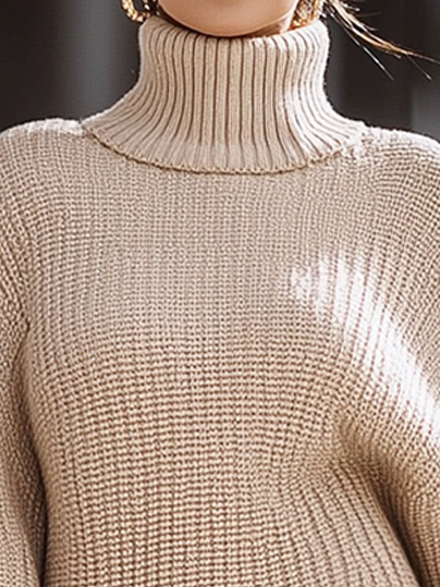 Beige High-Neck Balloon Sleeve Knitted Midi Dress