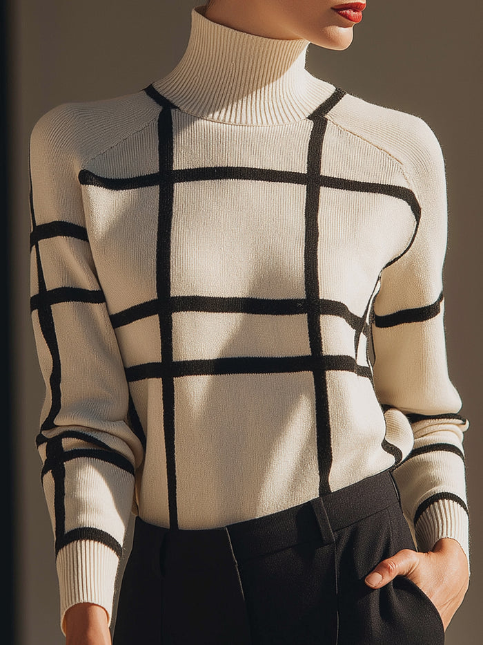 Monochrome Grid Knit Turtleneck Sweater