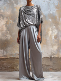 Sequin Drape Cape Top & Wide-Leg Pants Elegant Set