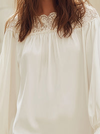 Lace-Trim Long Sleeve Mini Dress With Soft Draped Silhouette