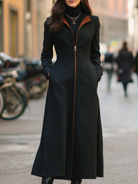 Elegant Longline Zip-Front Coat With Contrast Trim