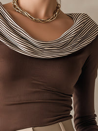 Striped Drape-Collar Ribbed Top