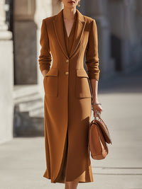 Camel Slim-Fit Long Suit Jacket Wool Coat