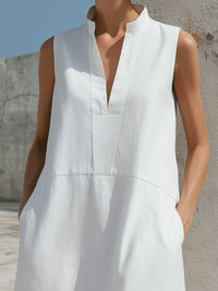 Women’s Sleeveless Stand Collar V-Neck Side Slit Midi Dress With Pockets