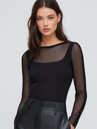 Sheer Mesh Panel Long-Sleeve Knit Top