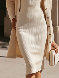 Elegant Ribbed Knit Midi Dress With Buttoned Cardigan