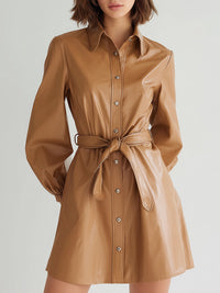 Classic Belted Faux-Leather Shirt Dress