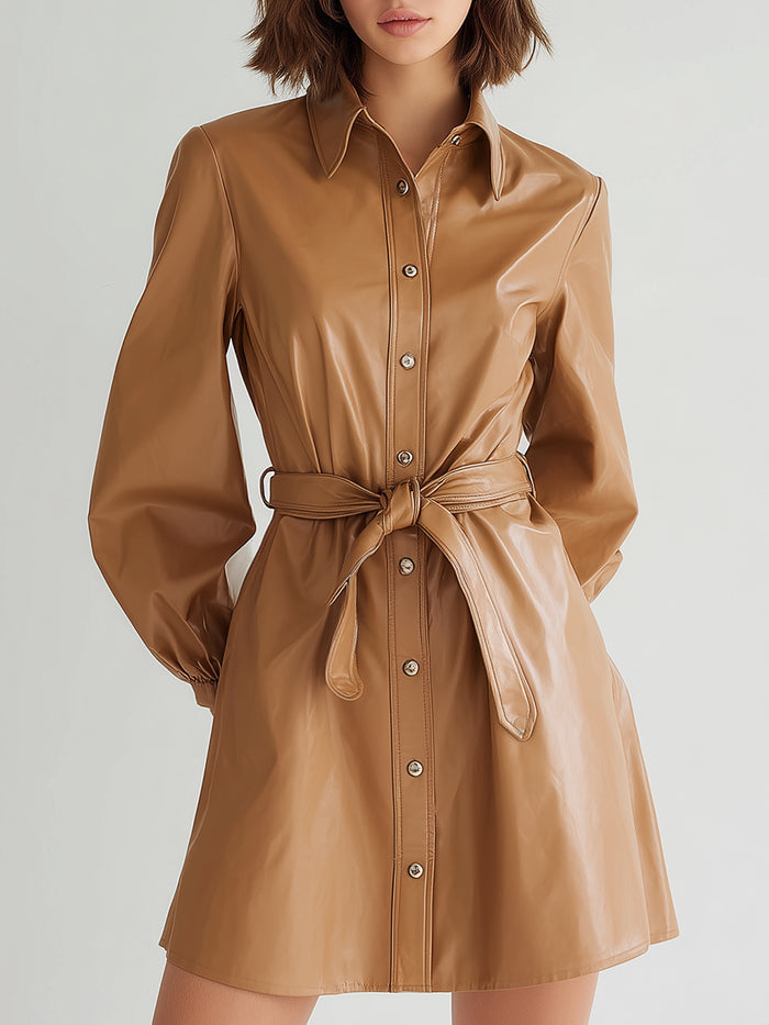 Classic Belted Faux-Leather Shirt Dress
