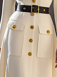 Ivory Military-Inspired Midi Coat Dress With Faux Fur Collar