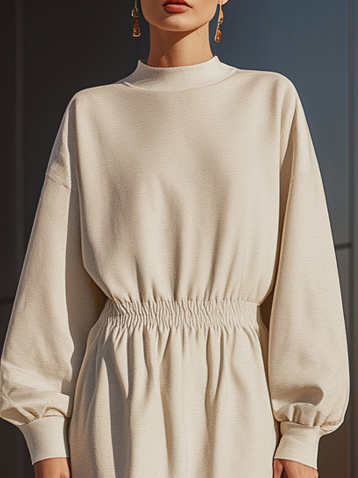 Cream Woven Long-Sleeve Midi Dress With Elasticated Waist