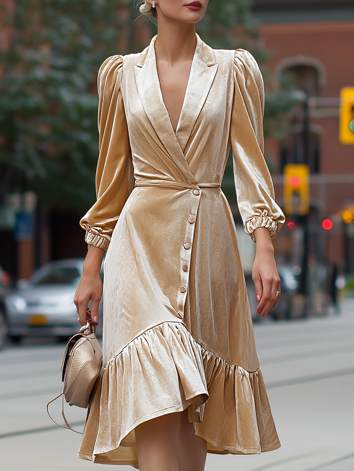 Champagne Velvet Puff Sleeve Wrap Midi Dress