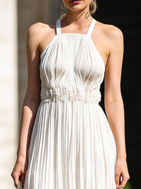 Ivory Halter-Neck Pleated Maxi Dress With Smocked Waist