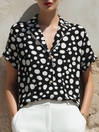 Relaxed Polka Dot Button-Front Short Sleeve Blouse