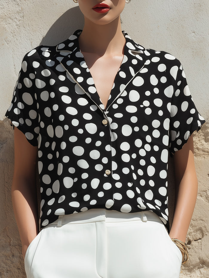 Relaxed Polka Dot Button-Front Short Sleeve Blouse