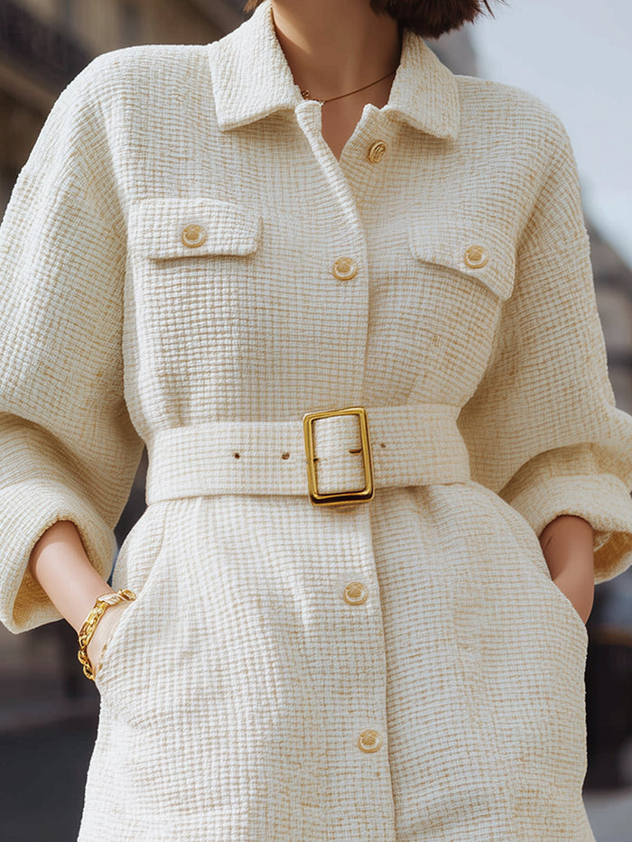Belted Ivory Tweed Shirt Dress