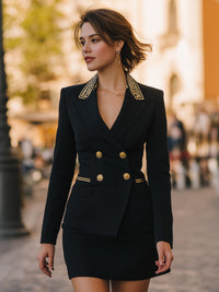 Black Double-Breasted Skirt Suit with Embroidered Lapel Detail