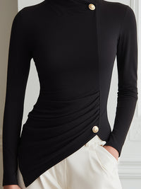 Asymmetrical High-Neck Ruched Knit Top With Gold-Tone Buttons