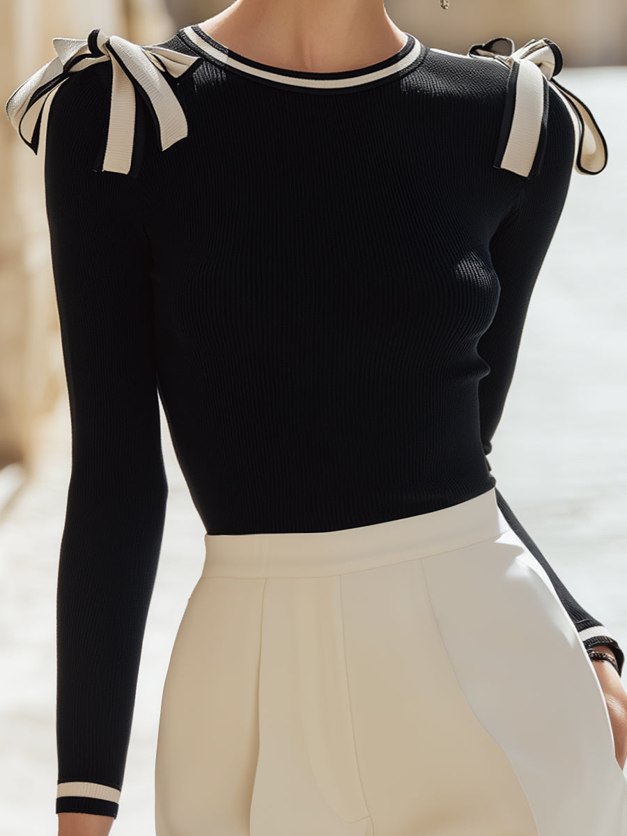 Black Knit Top With Contrasting Shoulder Bows