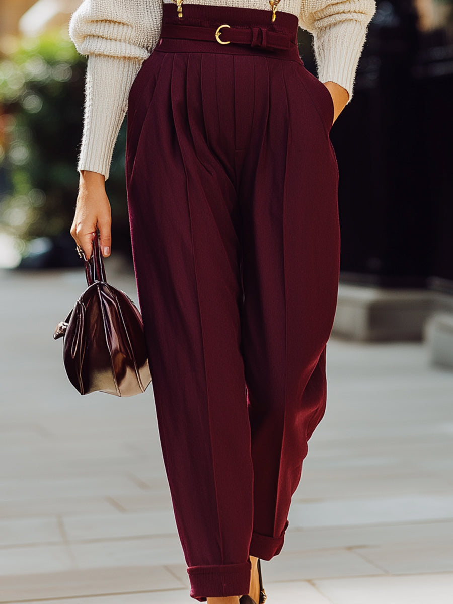 Burgundy High-Waist Suspender Trousers With White Knit Sweater