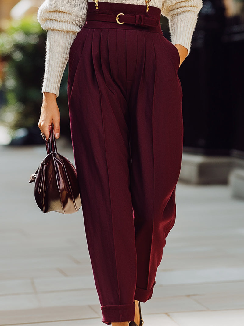 Burgundy High-Waist Suspender Trousers With White Knit Sweater