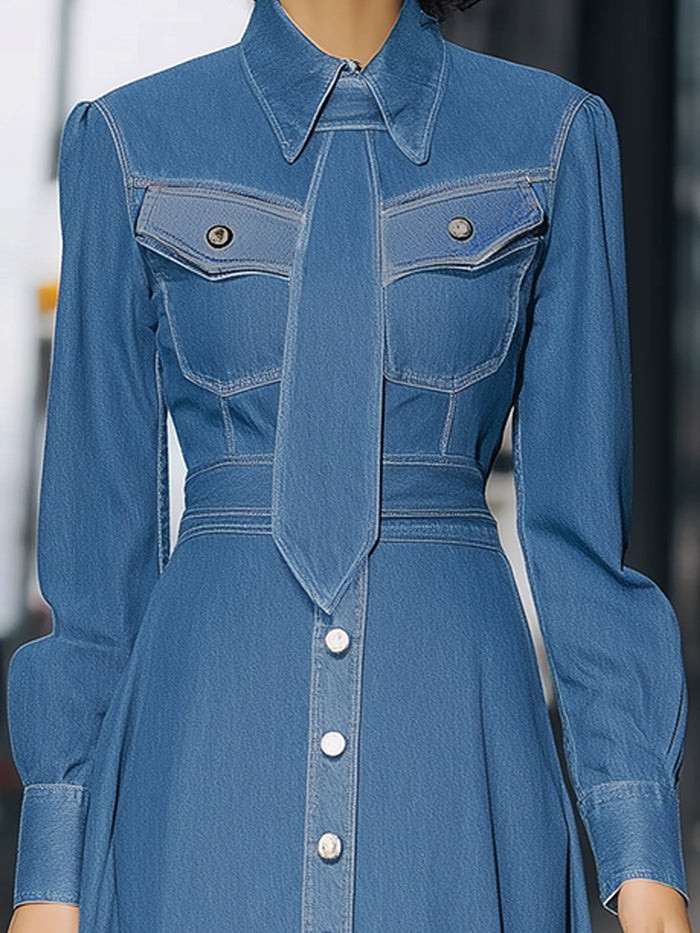 Denim Midi Shirt Dress With Structured Tie Detail