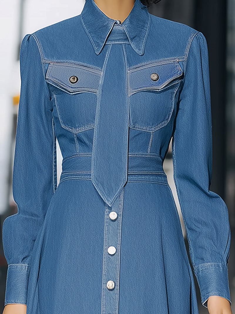 Denim Midi Shirt Dress With Structured Tie Detail