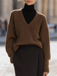 Mocha Brown V-Neck Knit Sweater