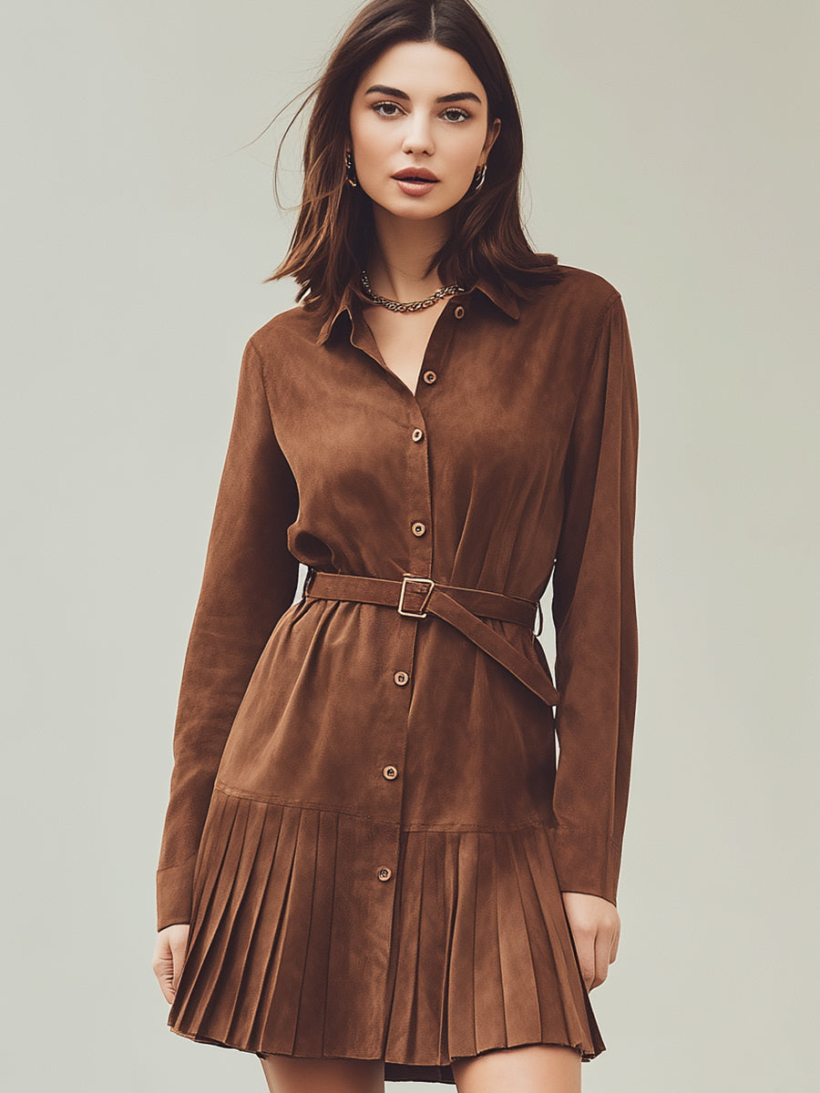 Brown Pleated Suede Shirt Dress With Belt