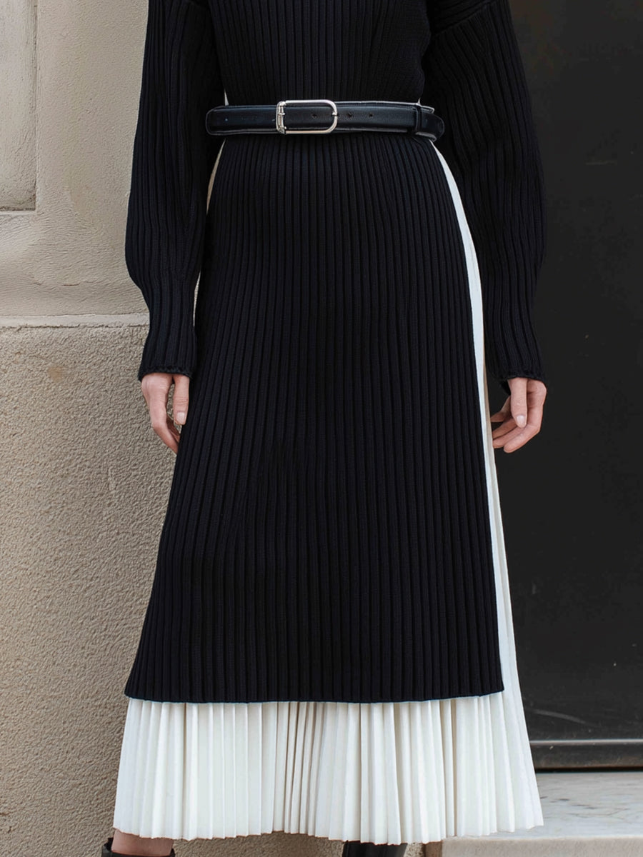 Black Ribbed Knit Dress With White Pleated Skirt Set