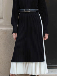 Black Ribbed Knit Dress With White Pleated Skirt Set