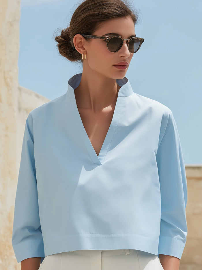 Modern V-Neck Stand Collar Cropped Blouse – Minimalist Elegant Top