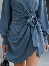 Elegant Blue Draped Mini Dress With Front Tie Detail