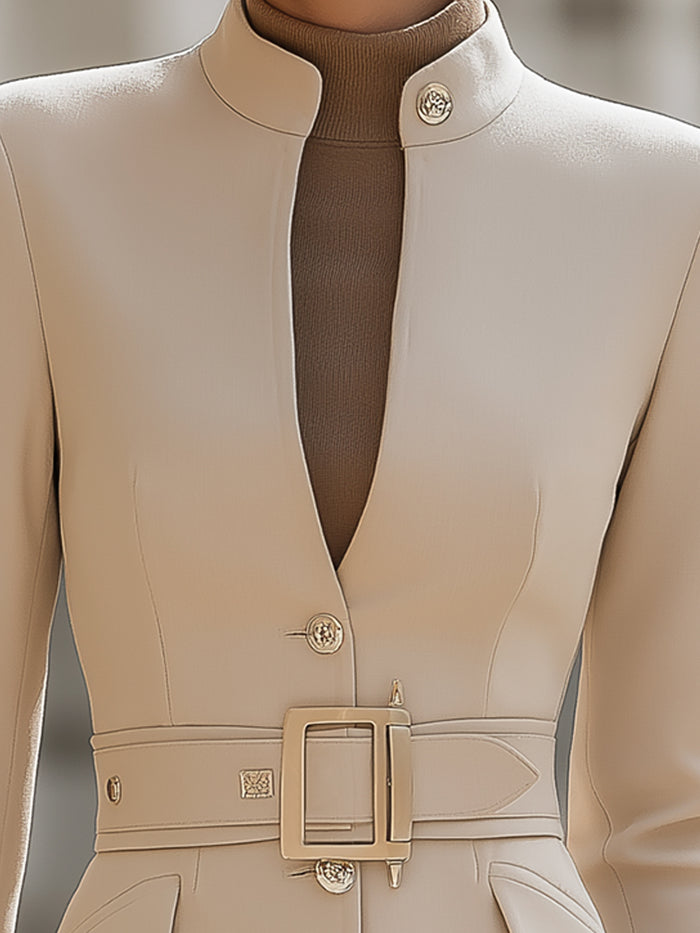 Structured Stand-Collar Belted Blazer