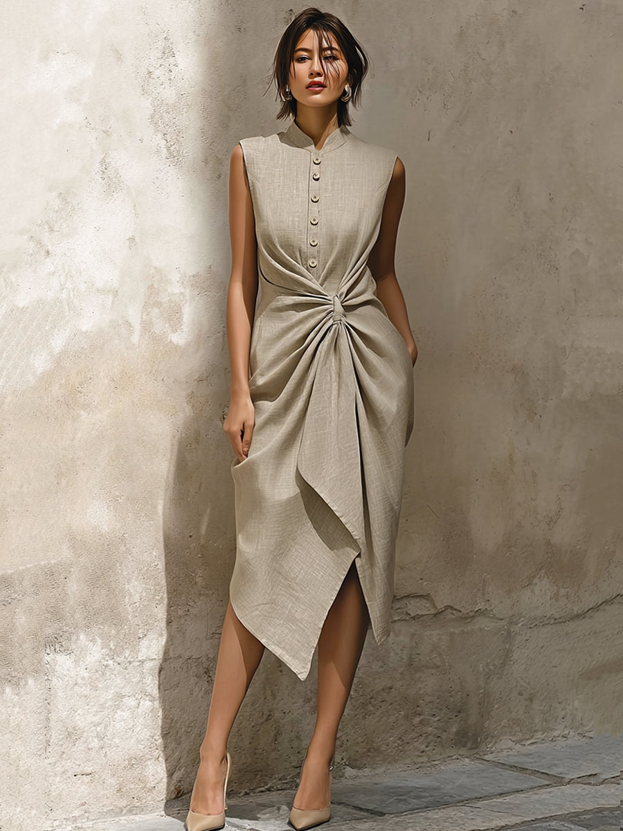 Linen-Blend Midi Dress With Mandarin Collar
