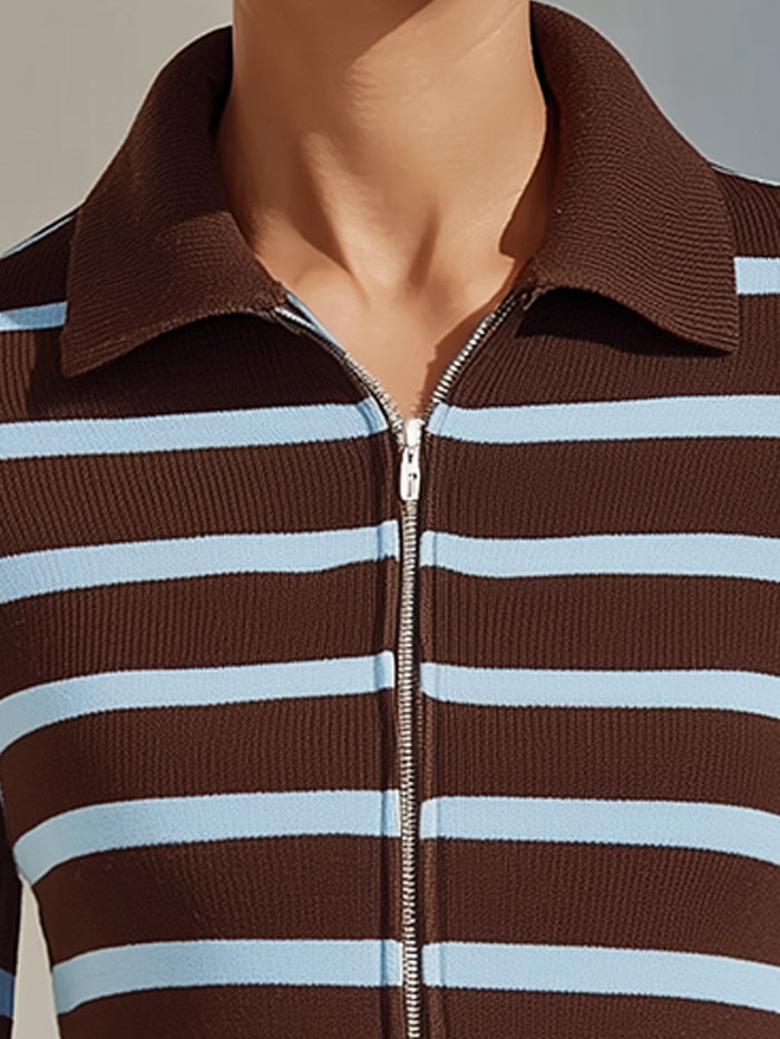 Brown And Blue Striped Knit Zipper Cardigan