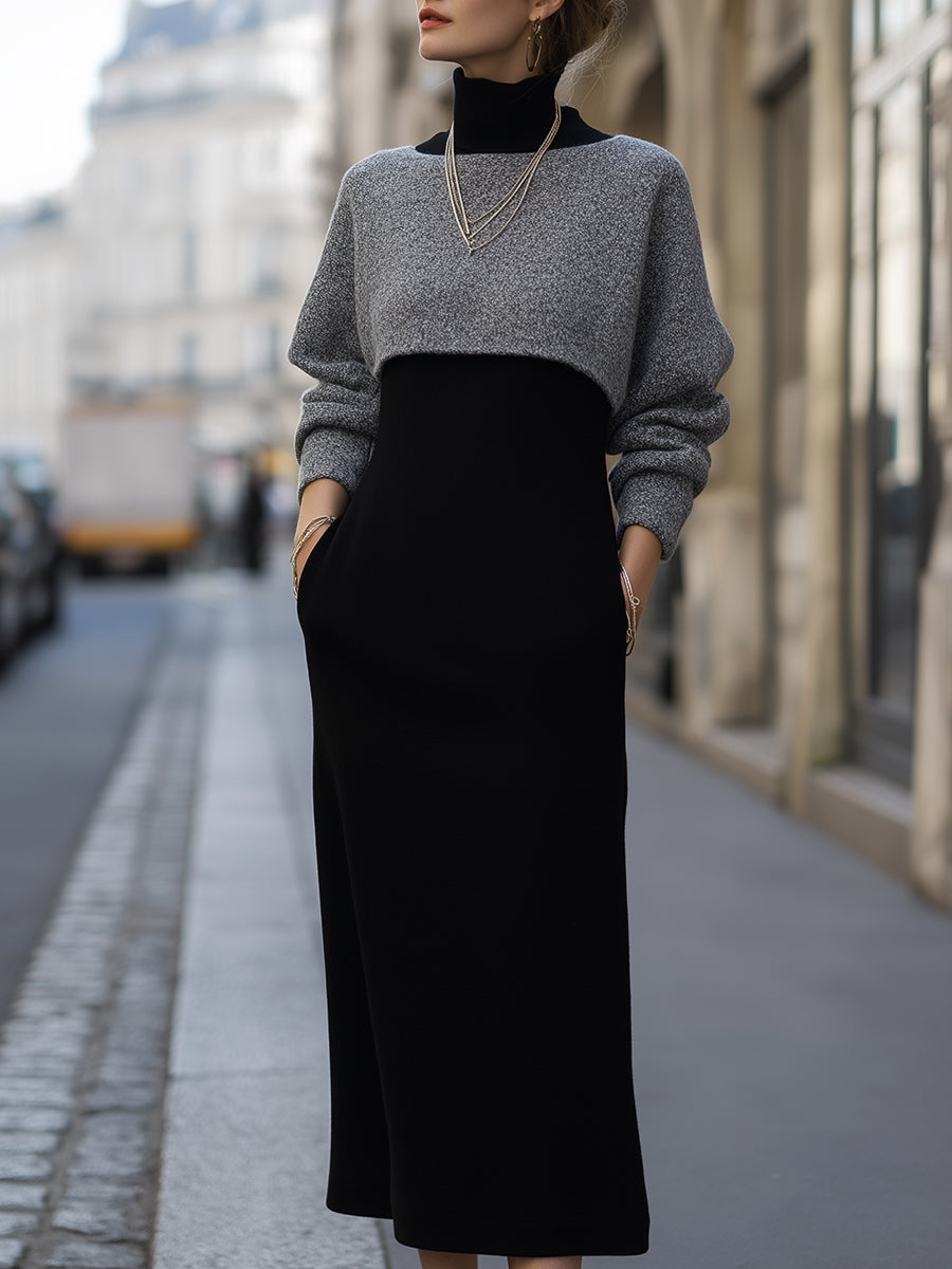 Black Knit Turtleneck Midi Dress And Gray Knit Cover-Up Set