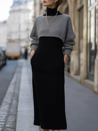 Black Knit Turtleneck Midi Dress And Gray Knit Cover-Up Set