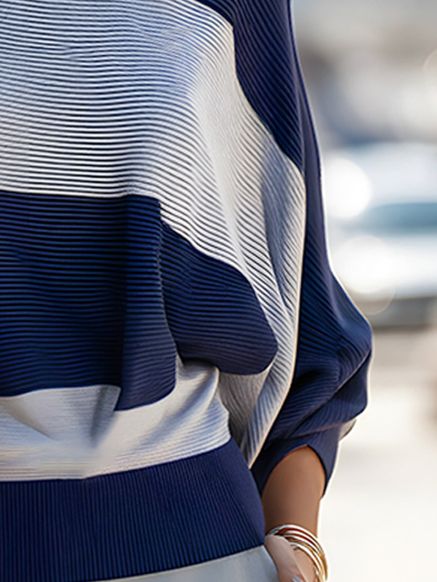 Navy & Ivory Color-Block Batwing Knit Top