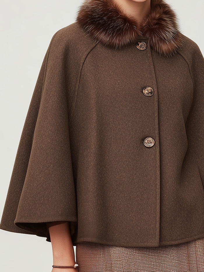 Wool Cape Coat With Fur Collar